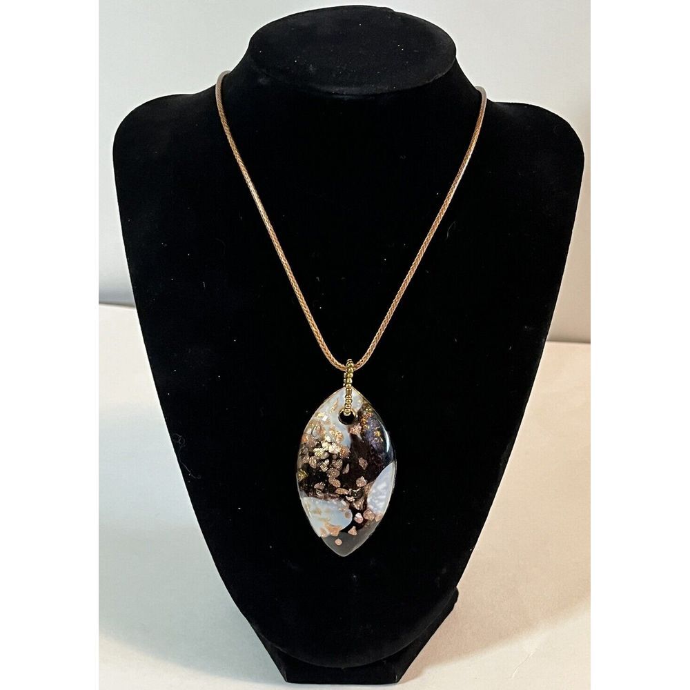 Beautiful Oval Shaped Handmade Artisian Silver Black & Brown Glass Necklace